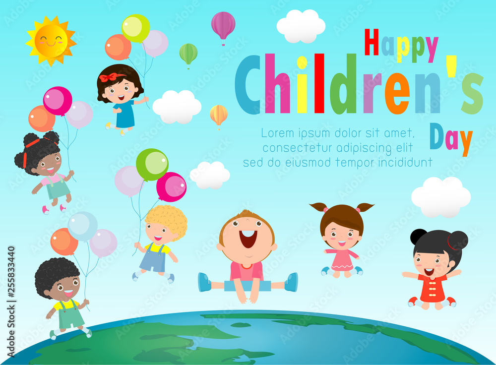 Happy children day background, Group of Kids jumping on the Globe ...
