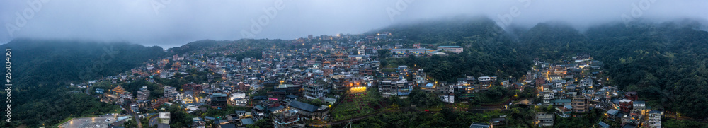 A foggy morning over Jiufen, Taiwan.  Aerial drone photo 