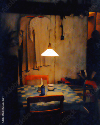 Impressionistic rendering of blue and white checkered tablecloth in a vintage room with nightclothes hanging on the old textured walls and the dark shadow of a person walking into the room. 