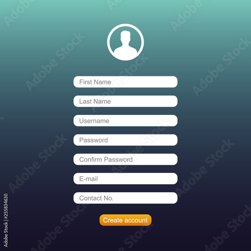 Registration form template. Create account. Vector