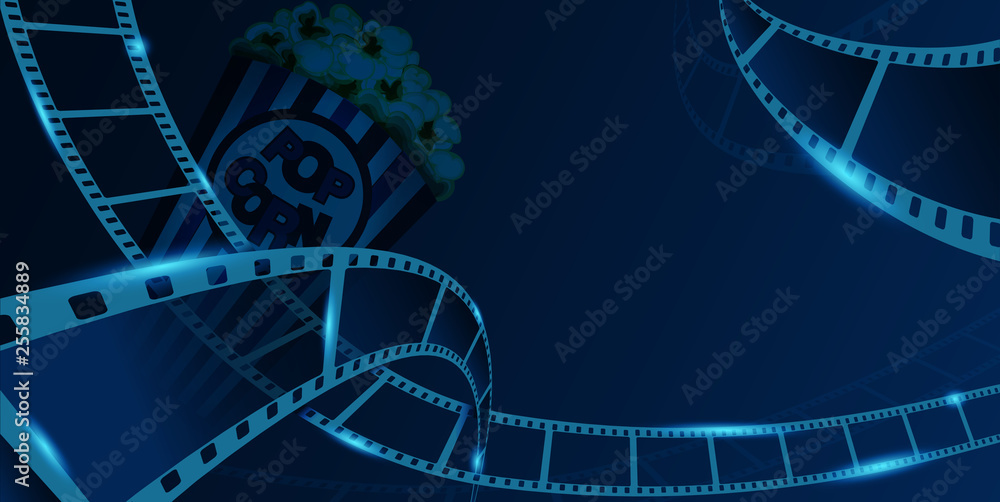 Film strip frame with pop corn box isolated on blue background. Closeup view for design layout cinema festival banner. Template cinema with space for your text. Vector 3d isometric style. EPS 10.