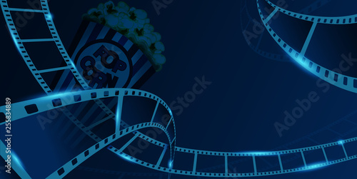 Film strip frame with pop corn box isolated on blue background. Closeup view for design layout cinema festival banner. Template cinema with space for your text. Vector 3d isometric style. EPS 10.