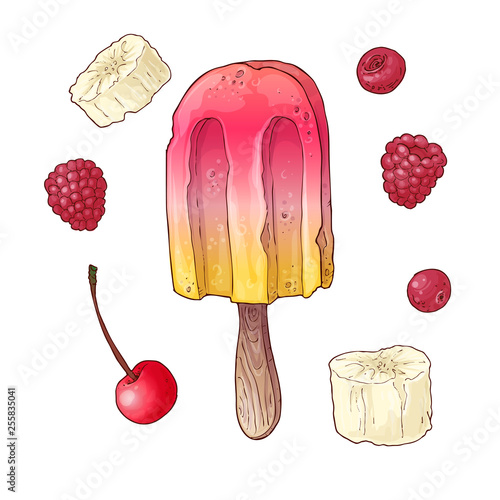 Set of Ice cream made of fresh fruits, popsicle banana raspberry cherry