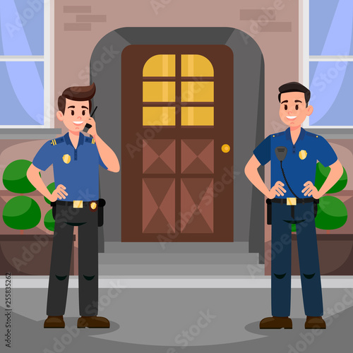 Two Policemen at Door Flat Vector Illustration