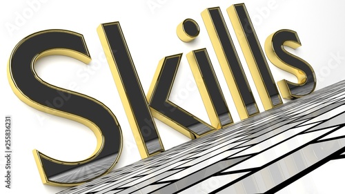 Skills sign in gold and glossy letters on a white background and a brick pattern floor for an interesting header for career concept with copy space. 3d Rendering - Illustration photo