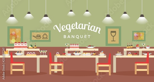 Vegetarian Banquet Hall Flat Vector Illustration