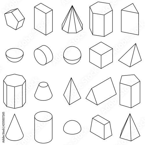 Set of 3D geometric shapes. Isometric views. Outline. Vector illustration