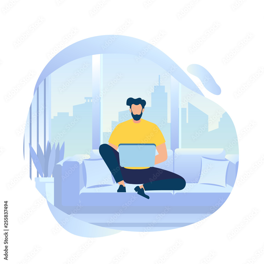 Young Man Character Work on Laptop Sitting on Sofa Young Man Character Work on Laptop Sitting on Sofa