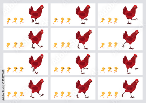 Walking red hen and chicks animation sprite sheet isolated on white background