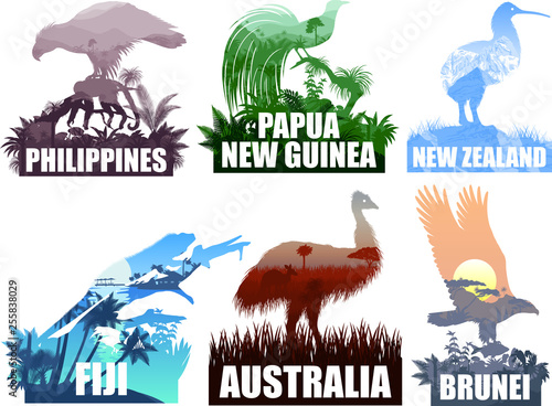 Vector set of Ocenia countries illustrations - New Zealand, Australia, Brunei, Papua New Guinea, Fiji, Philippines