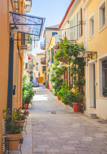 Traditional cozy greek street in city Nafplio, Greece