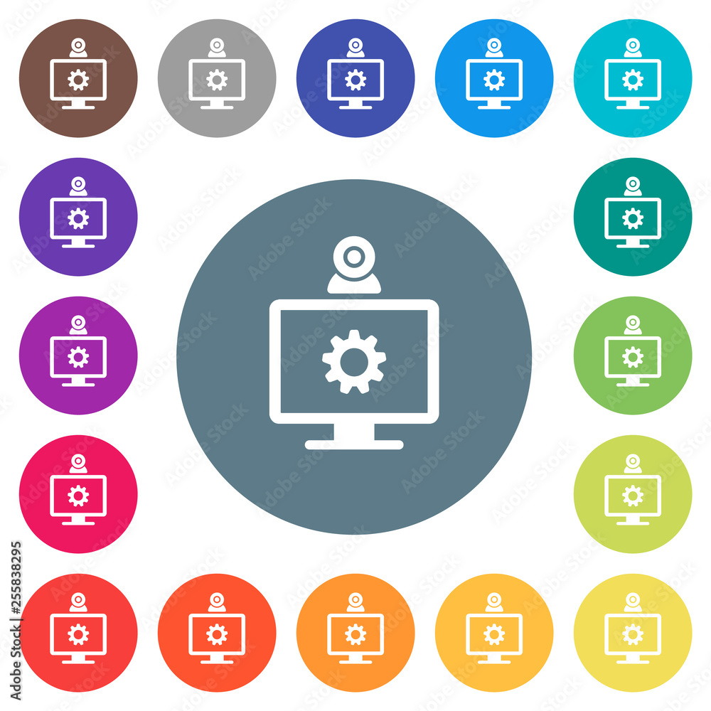 Webcam settings flat white icons on round color backgrounds Webcam settings flat white icons on round color backgrounds