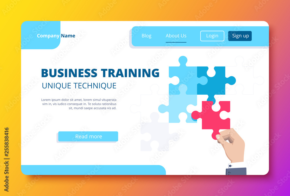 vector image on a gradient background, the hand of a business person holds a red puzzle, a business training landing vector image on a gradient background, the hand of a business person holds a red puzzle, a business training landing
