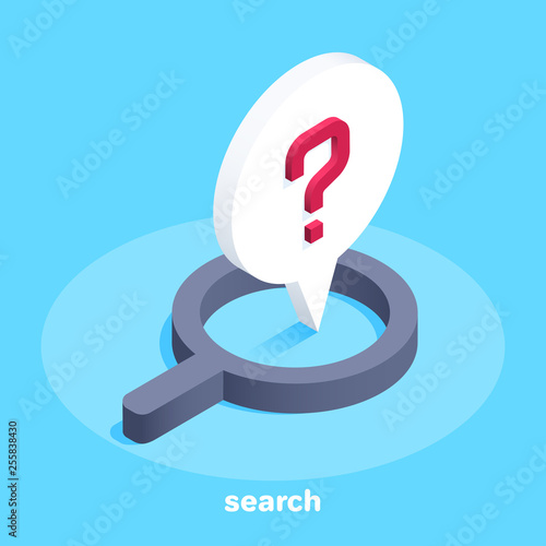 isometric vector image on a blue background, business icon in the form of a magnifying glass and a question mark, information search and processing