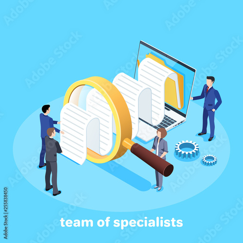 Isometric vector image on a blue background, people in business suits study documents through a magnifying glass, laptop and documentation folder.
