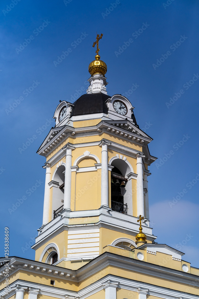 Russian Orthodox Vysotsky men monastery in Serpukhov, Russiain winter day under blue sky. Russian Orthodox Vysotsky men monastery in Serpukhov, Russiain winter day under blue sky.