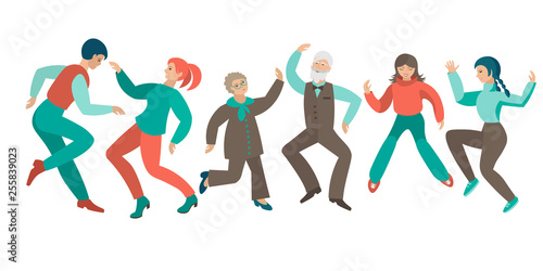 Dancers collection. Young, elderly and teenagers perform a dance. Male and female characters, isolated. A group of happy dancing people are enjoying a dance party. Flat vector illustration