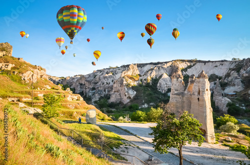 Beautiful rocks and hot air balloons in Goreme national park, Cappadocia, Turkey