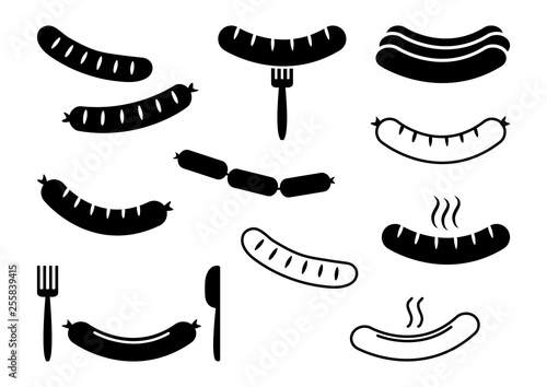 Obraz na plátně Set of grilled sausage, barbecue, black flat and outline design
