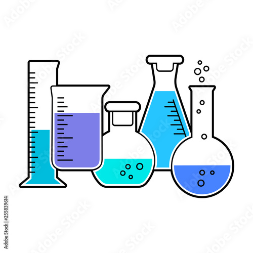 Set of chemical flask with colored liquid. Vector illustration