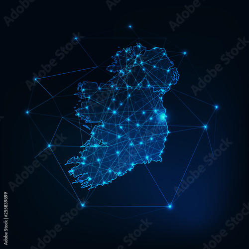 Ireland map glowing silhouette outline made of stars lines dots triangles, low polygonal shapes