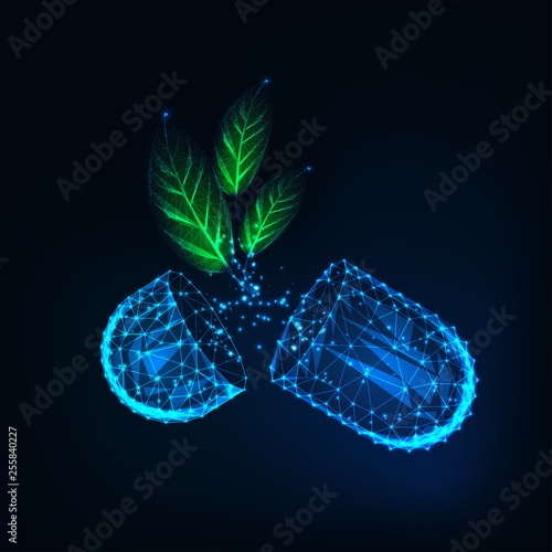 Glow low poly medicine capsule pills with green organic herb leaves on dark blue background.