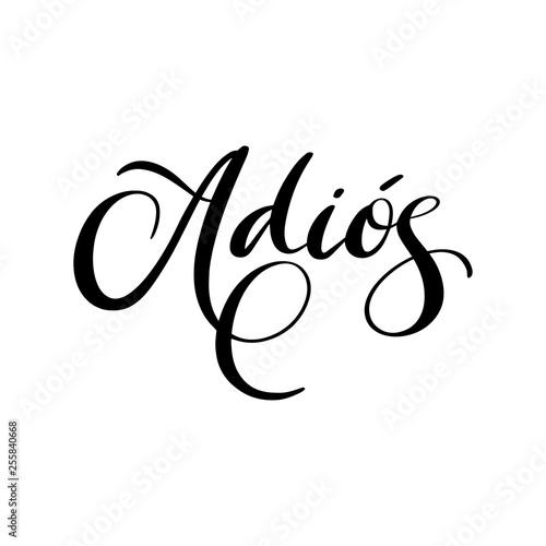Spanish translation Adios- Goodbye. Greeting hand drawn calligraphy isolated on white background. Vector template, hand written lettering typography poster, invitation, print.
