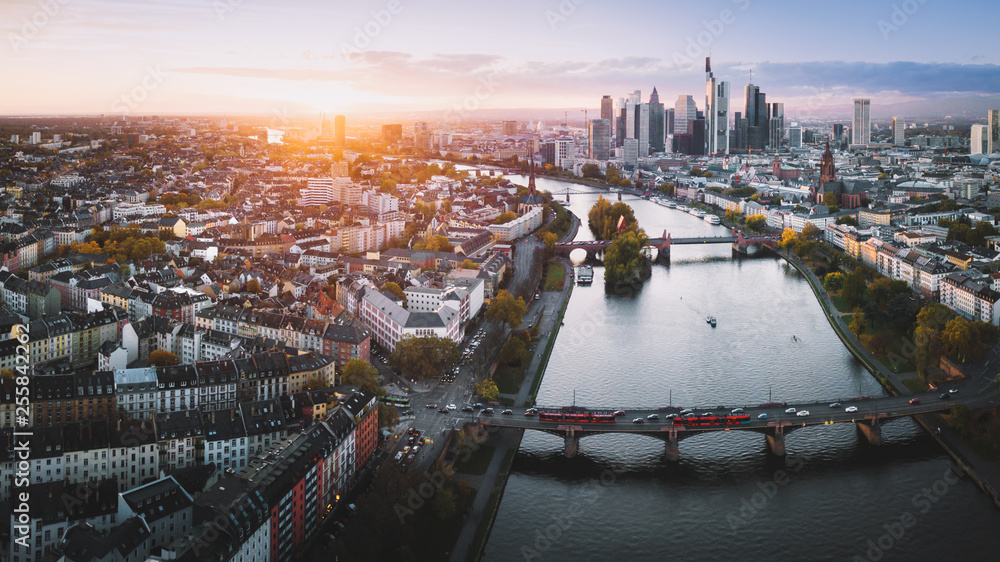 Frankfurt from above at sunset - obrazy, fototapety, plakaty 