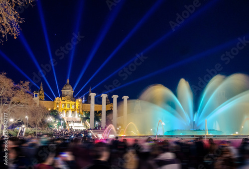 The famous Magic Fountain light show at night. Plaza Espanya in Barcelona  Spain