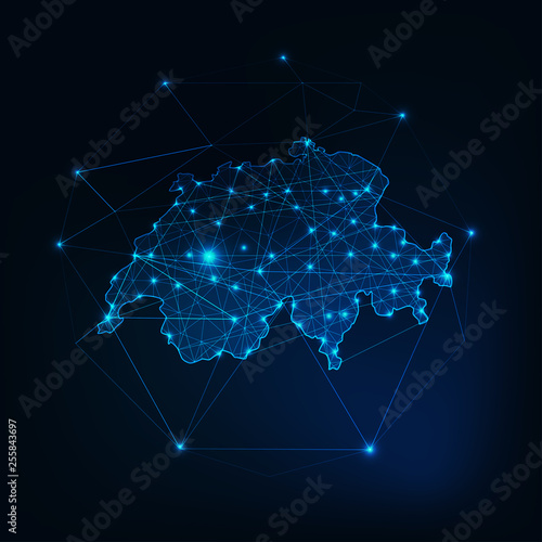 Switzerland map glowing silhouette outline made of stars lines dots triangles, low polygonal shapes.