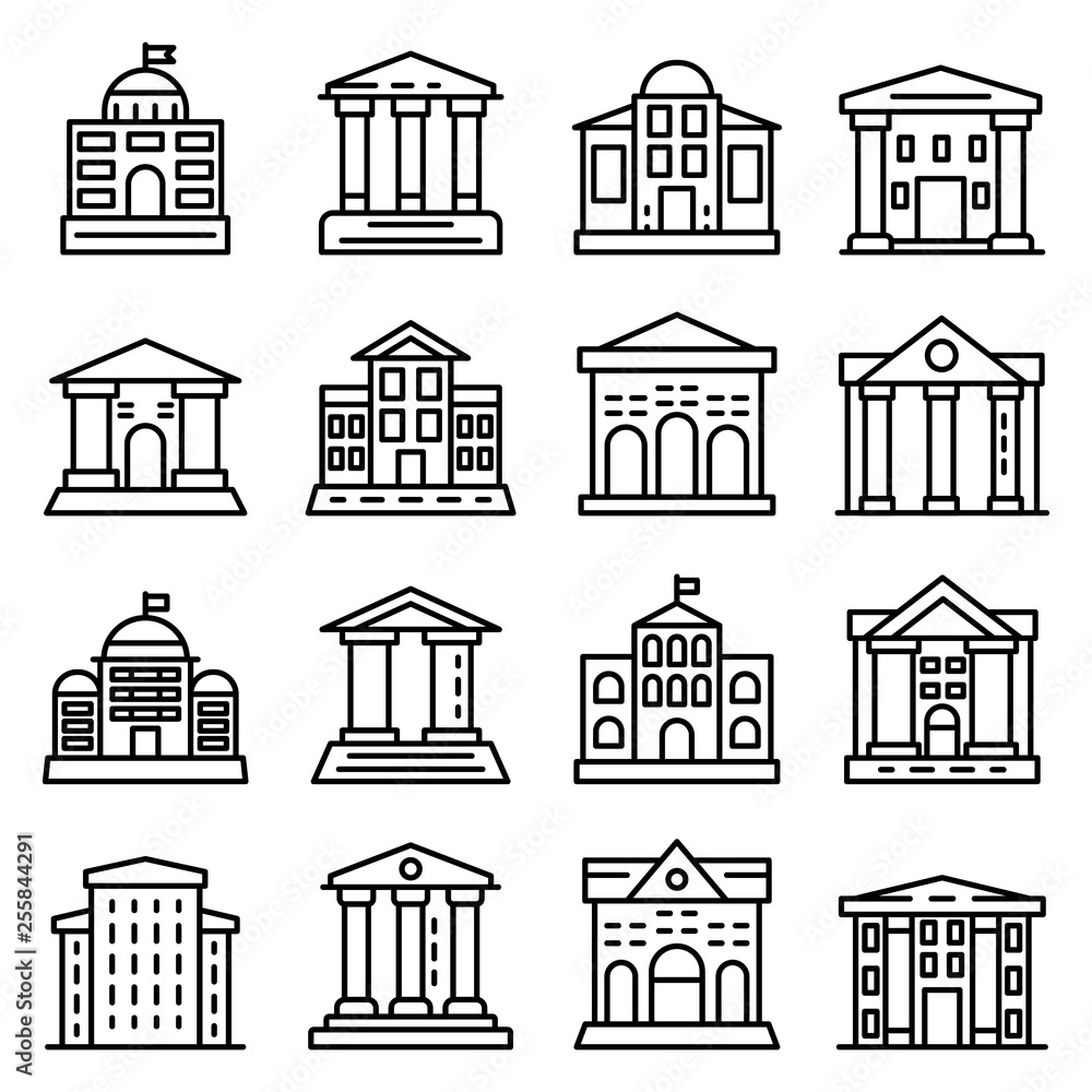 Courthouse icons set. Outline set of courthouse vector icons for web design isolated on white background
