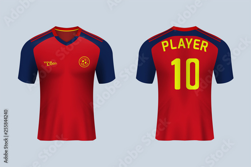 3D realistic mock up of front and back of red soccer jersey t-shirt kit. Concept for football team uniform or apparel mockup in vector illustration. - Vector 