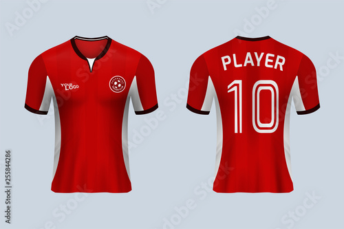 3D realistic mock up of front and back of red soccer jersey t-shirt kit. Concept for football team uniform or apparel mockup in vector illustration. - Vector 