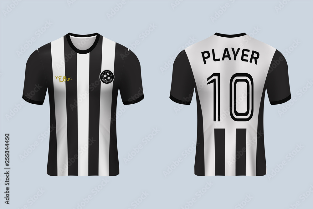 3D realistic mock up of front and back of Black and white soccer jersey t-shirt  kit. Concept for football team uniform or apparel mockup in vector  illustration. - Vector Stock Vector
