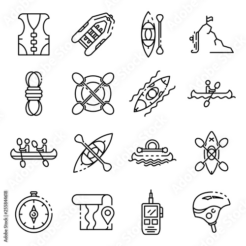Canoeing icons set. Outline set of canoeing vector icons for web design isolated on white background