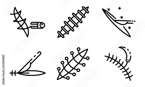 Suture icons set. Outline set of suture vector icons for web design isolated on white background