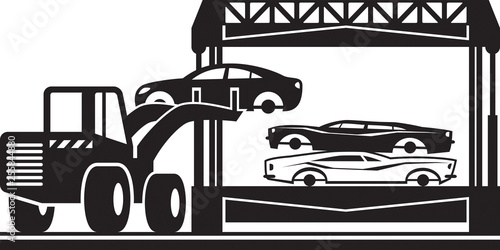 Loader fills car crusher for scrap - vector illustration