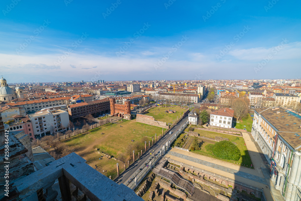 Wide panoramic aerial view of the city of Turin, Torino, Piedmont, Italy