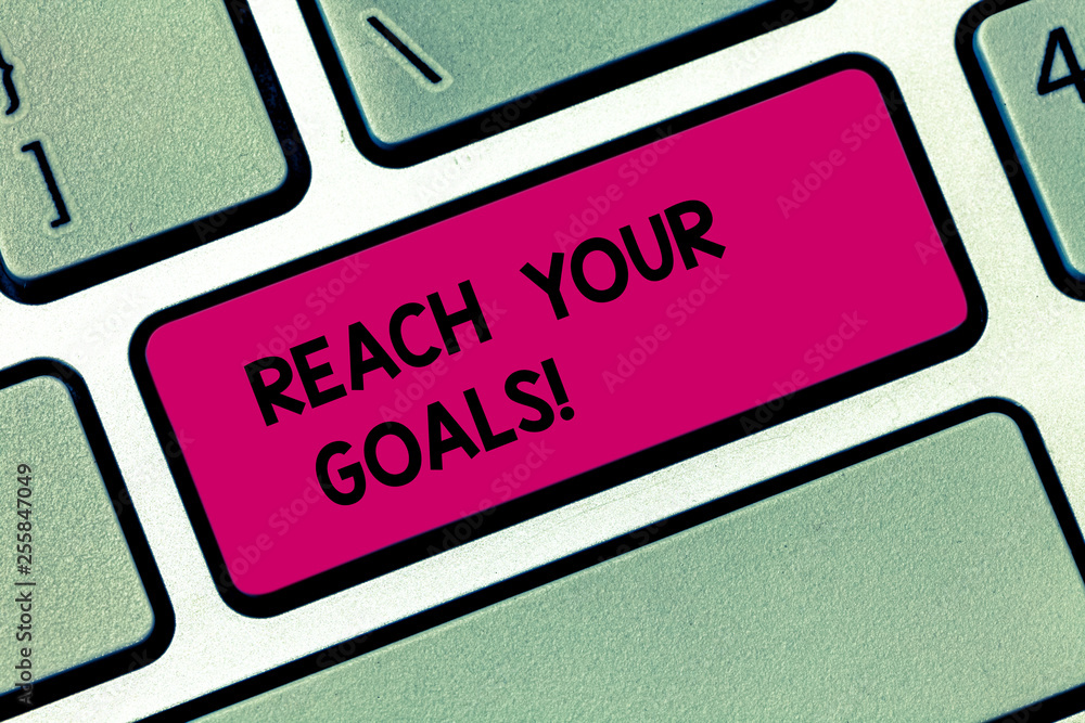 Conceptual hand writing showing Reach Your Goals. Concept meaning achieve what you wanted to be done dreams or to do list Keyboard key Intention to create computer message idea Conceptual hand writing showing Reach Your Goals. Concept meaning achieve what you wanted to be done dreams or to do list Keyboard key Intention to create computer message idea