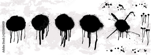 Dripping oil blob. Spray graffiti stencil template. Isolated collection.Drip drop paint or sauce stain drips. Black drippings sauces current round spots, ink paint leak or liquid chocolate vector set