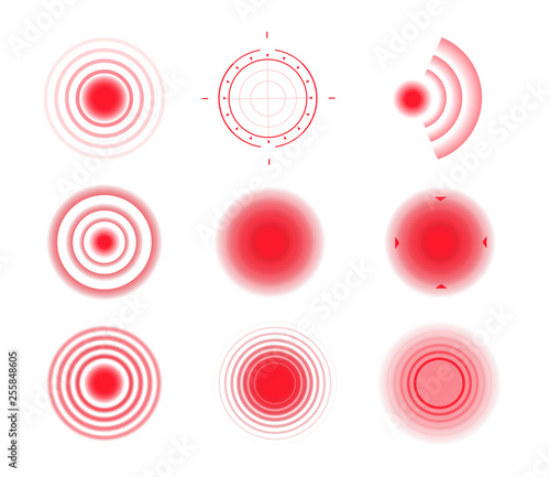 Pain circles. Red painful target spot, targeting medication remedy circle and joint pain spots. Muscle pain, painful headaches or health healing sound wave isolated vector icons set