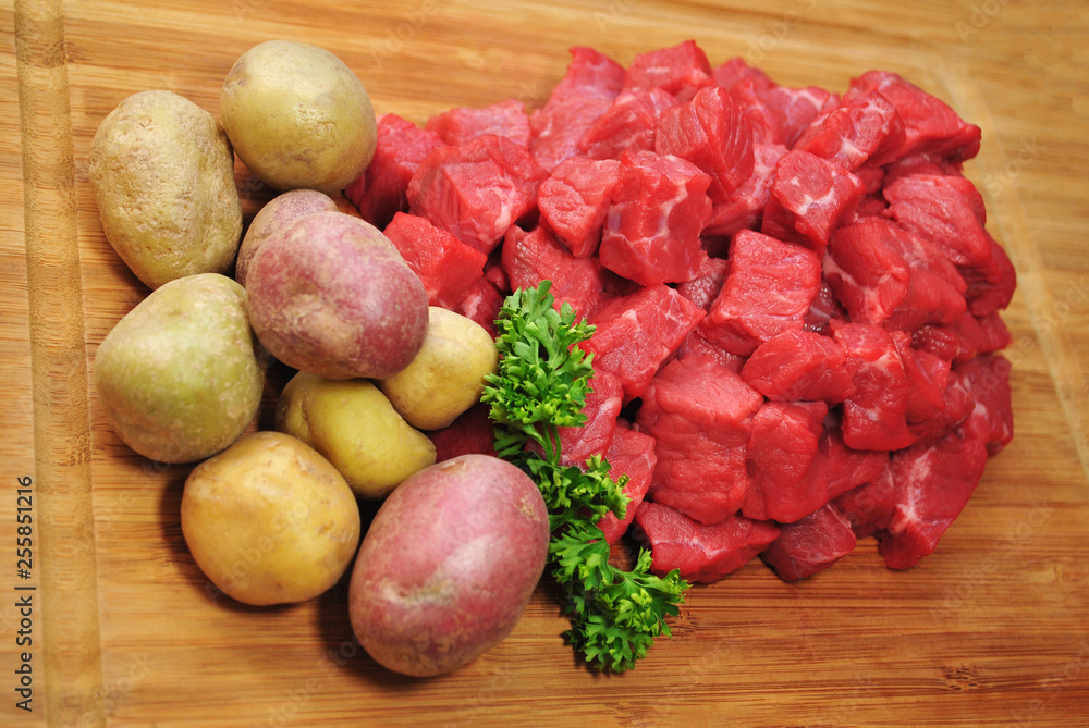 Raw Beef Cubes with Whole New Potatoes 