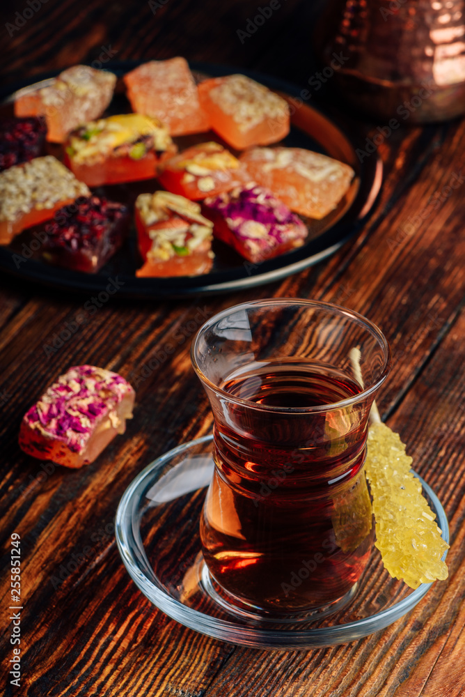 Tea in armudu glass with rahat lokum Tea in armudu glass with rahat lokum