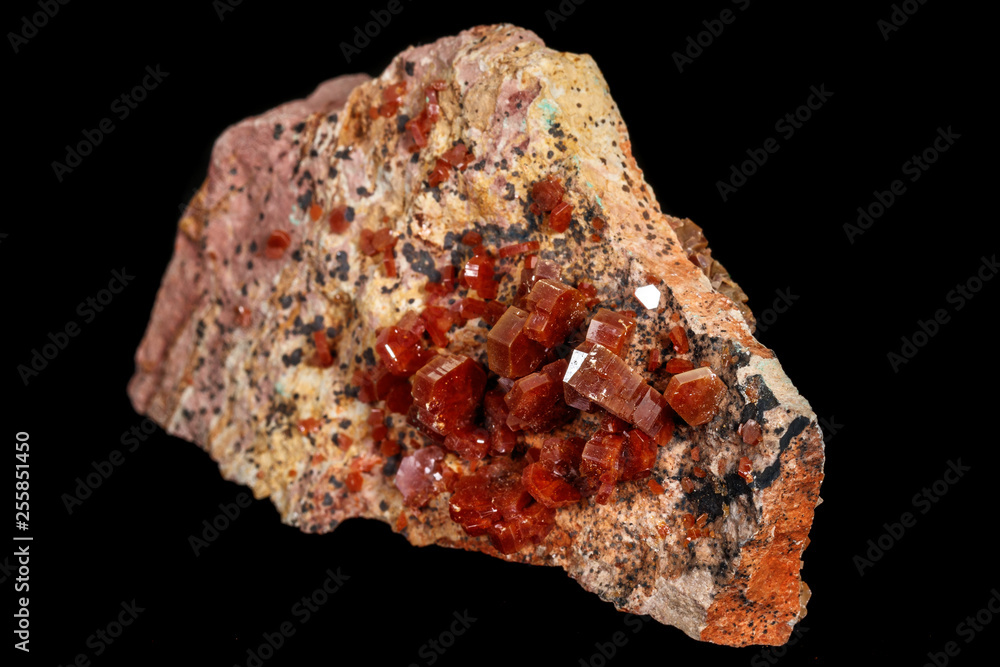 Macro mineral stone Vanadinite on a black background Macro mineral stone Vanadinite on a black background