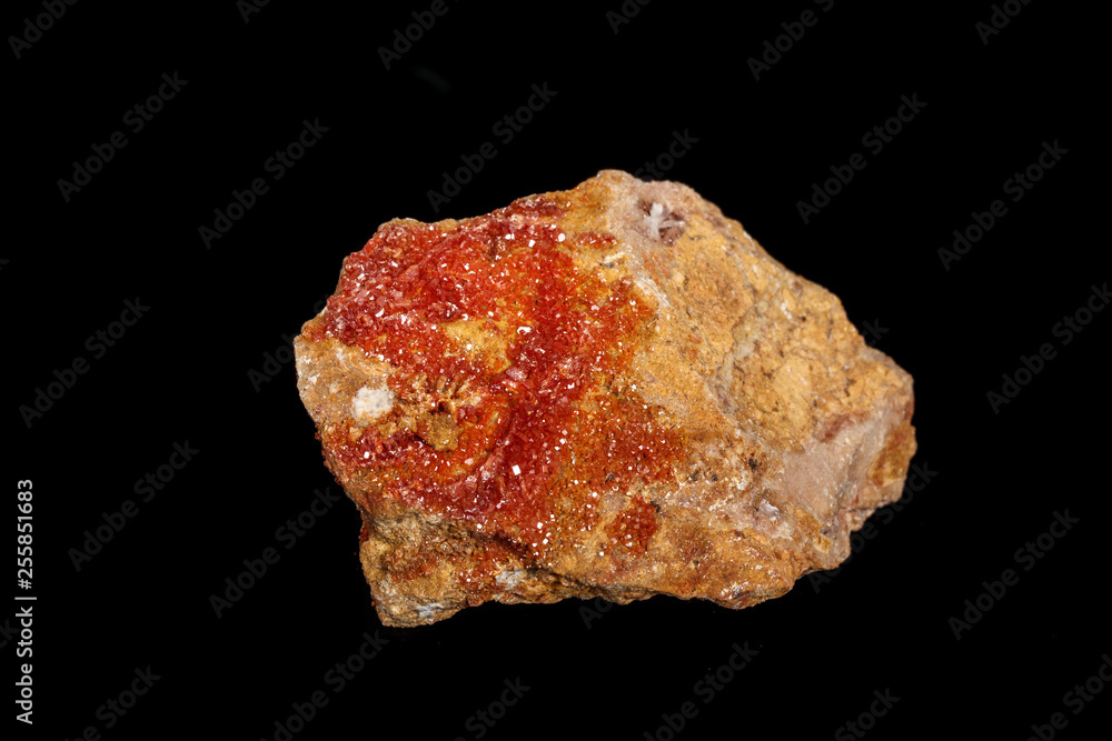 Macro mineral stone Vanadinite on a black background Macro mineral stone Vanadinite on a black background