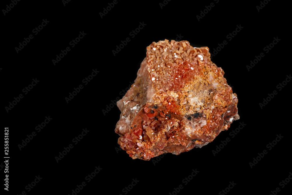 Macro mineral stone Vanadinite on a black background Macro mineral stone Vanadinite on a black background