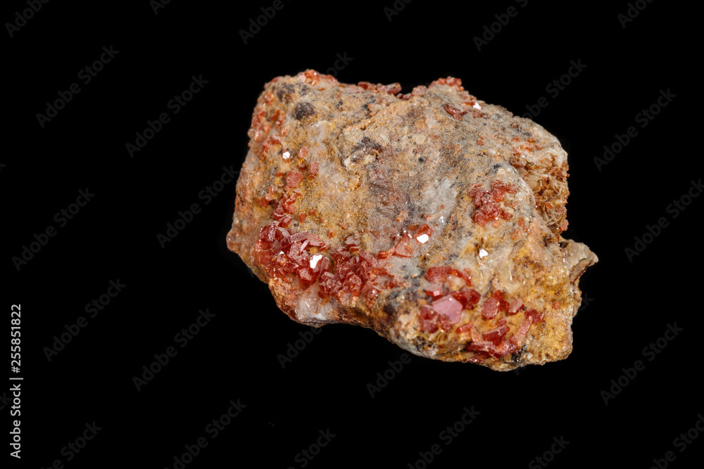 Macro mineral stone Vanadinite on a black background Macro mineral stone Vanadinite on a black background
