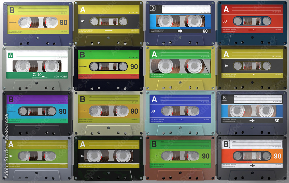3d illustration a lot of retro and vintage audio cassettes or audio tapes in different colored labels