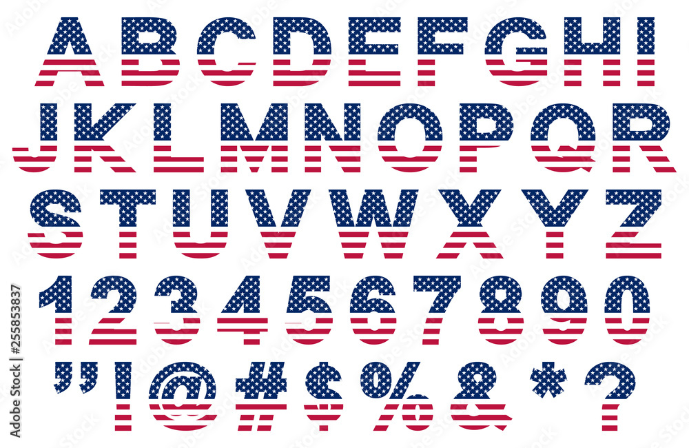 flat usa flag colors font, letters, numbers, symbols and signs, stock vector illustration clip art