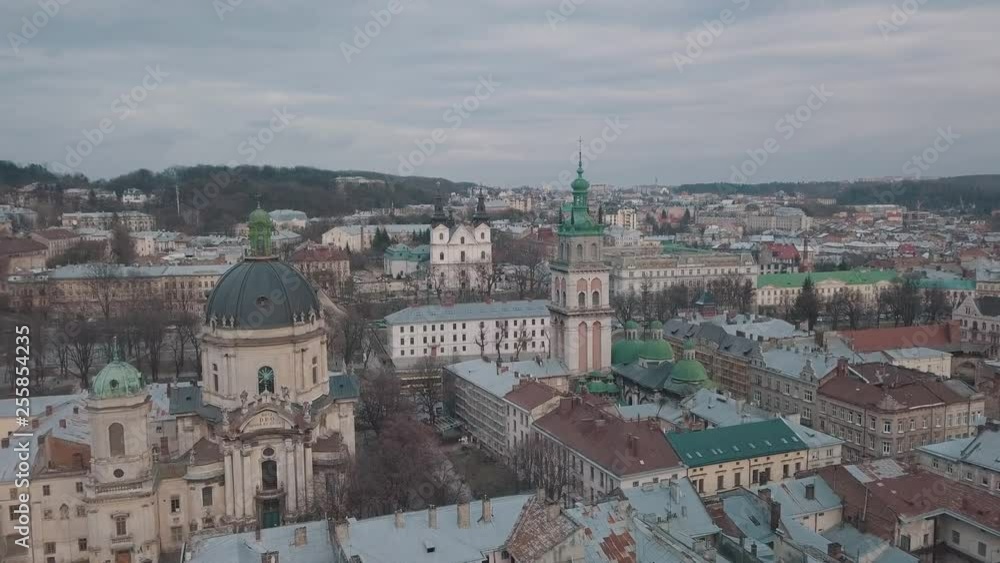 Aerial City Lviv, Ukraine. European City. Popular areas of the city. Dominican Aerial City Lviv, Ukraine. European City. Popular areas of the city. Dominican